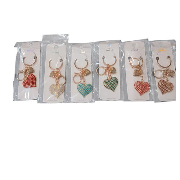 SET Of 6! Dazzling Rhinestone Heart Keychain Purse Charm Gold Tone - Picture 15 of 15